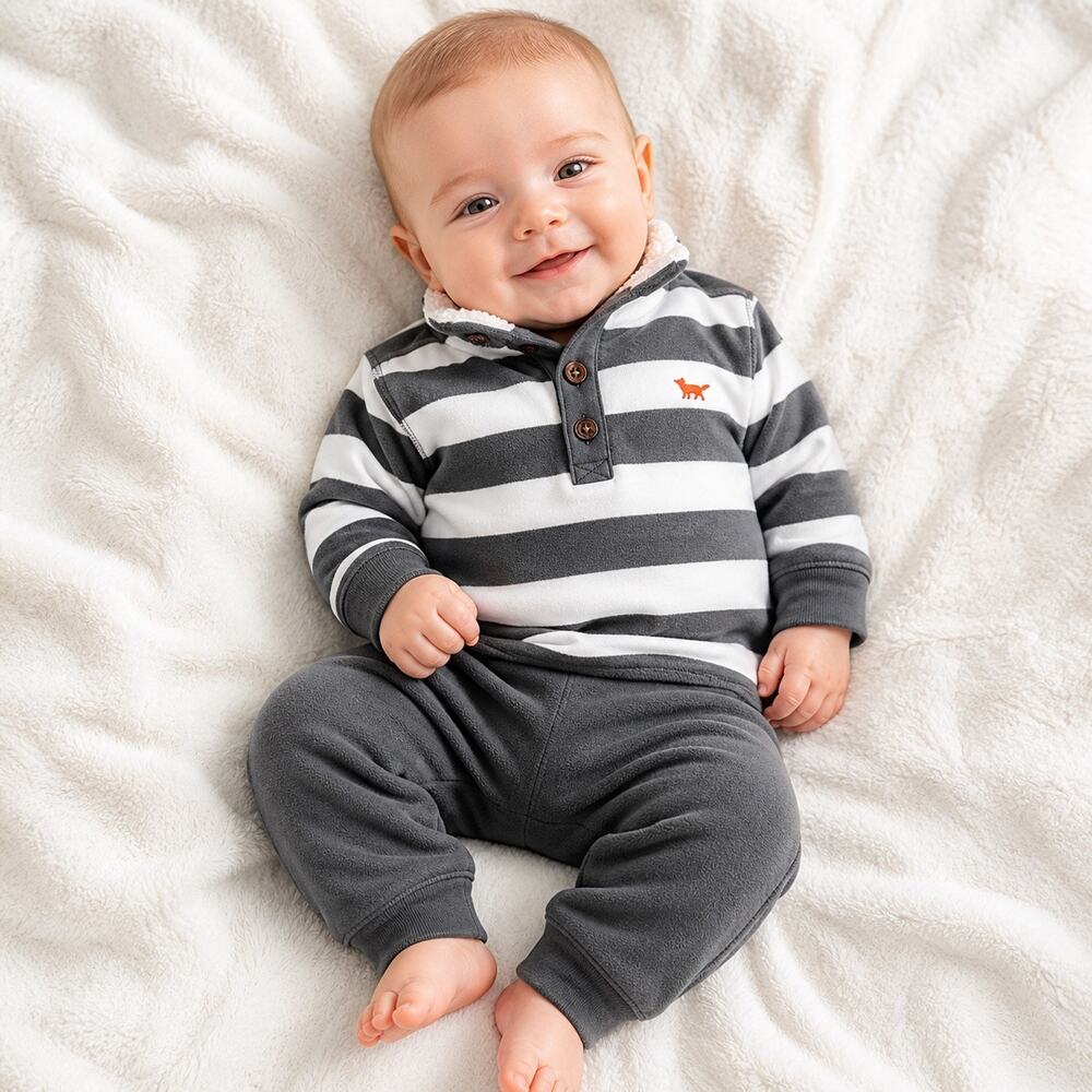 Carter’s Baby Boy Striped Fleece Pullover Pant Set 3M NWT Grey White